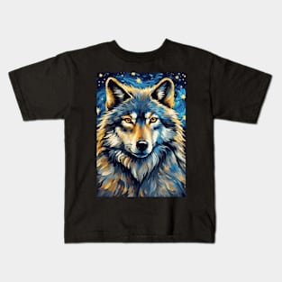 Wolf Animal Portrait Painting in a Van Gogh Starry Night Art Style Kids T-Shirt